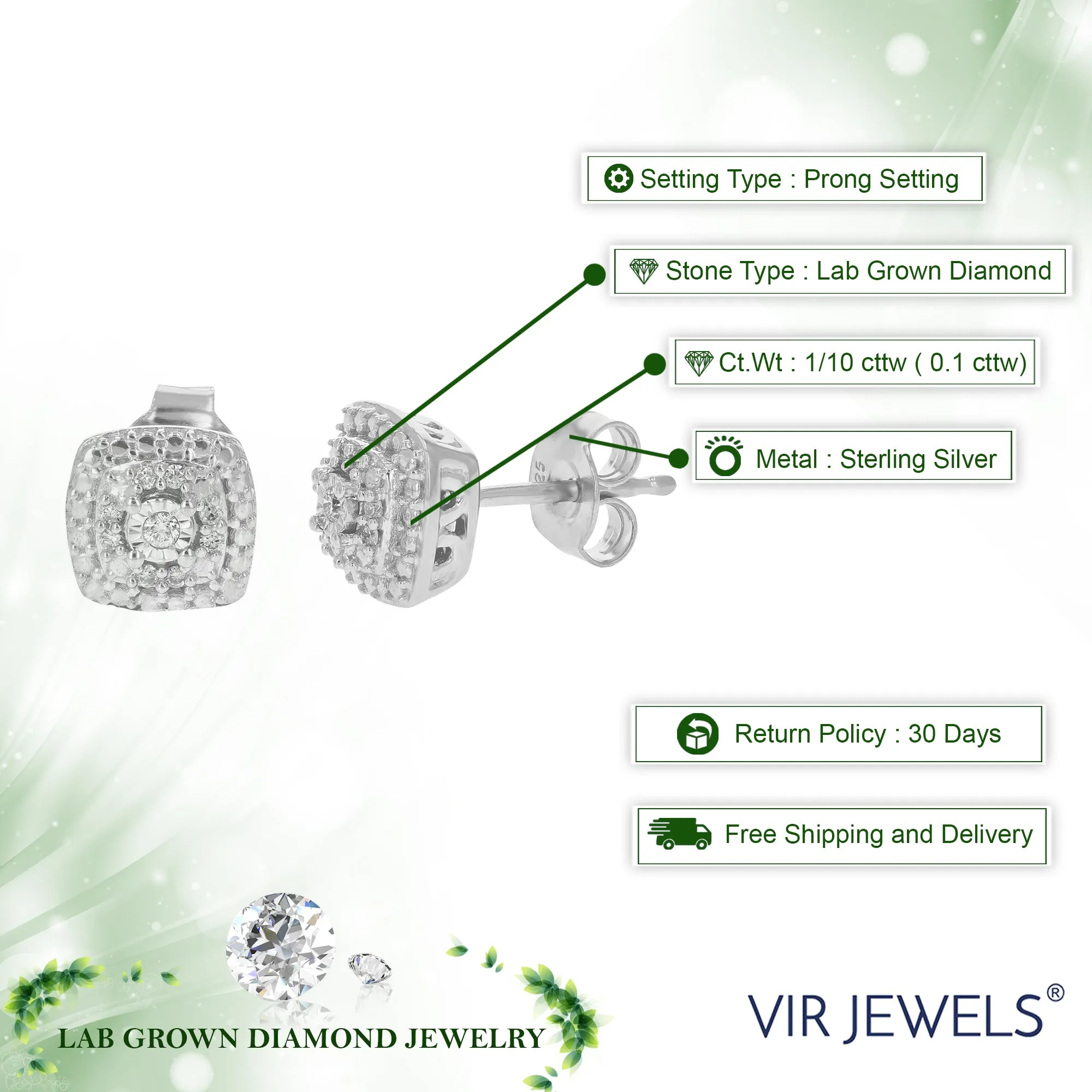 1/10 cttw 18 Stones SI2-I1 Clarity Round Cut Lab Grown Diamond Stud Earrings in .925 Sterling Silver Prong Set