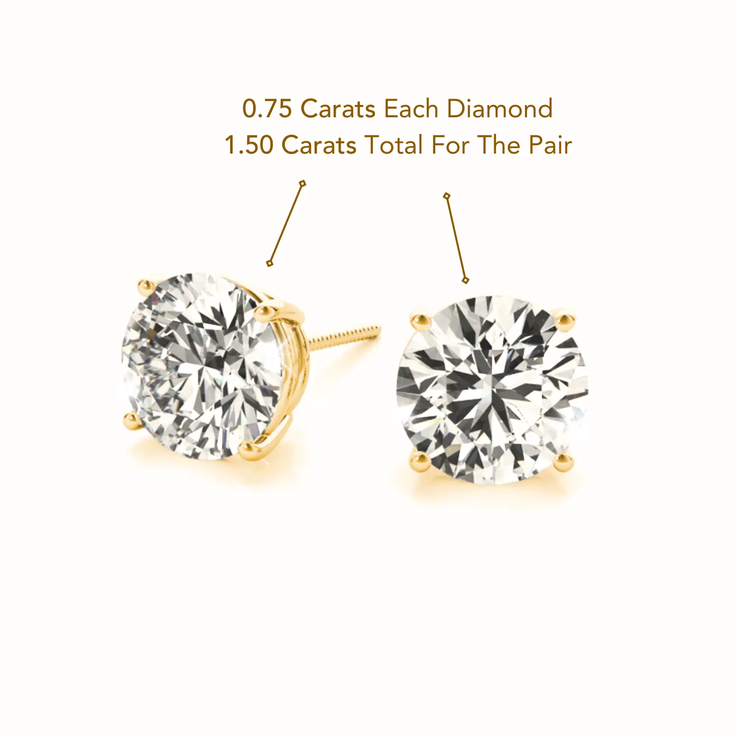 14K Gold Lab Diamond Stud Earrings, CVD Brilliant Solitaire Round Diamond Studs, 1.50 Carat Diamond Studs With Screw Backs