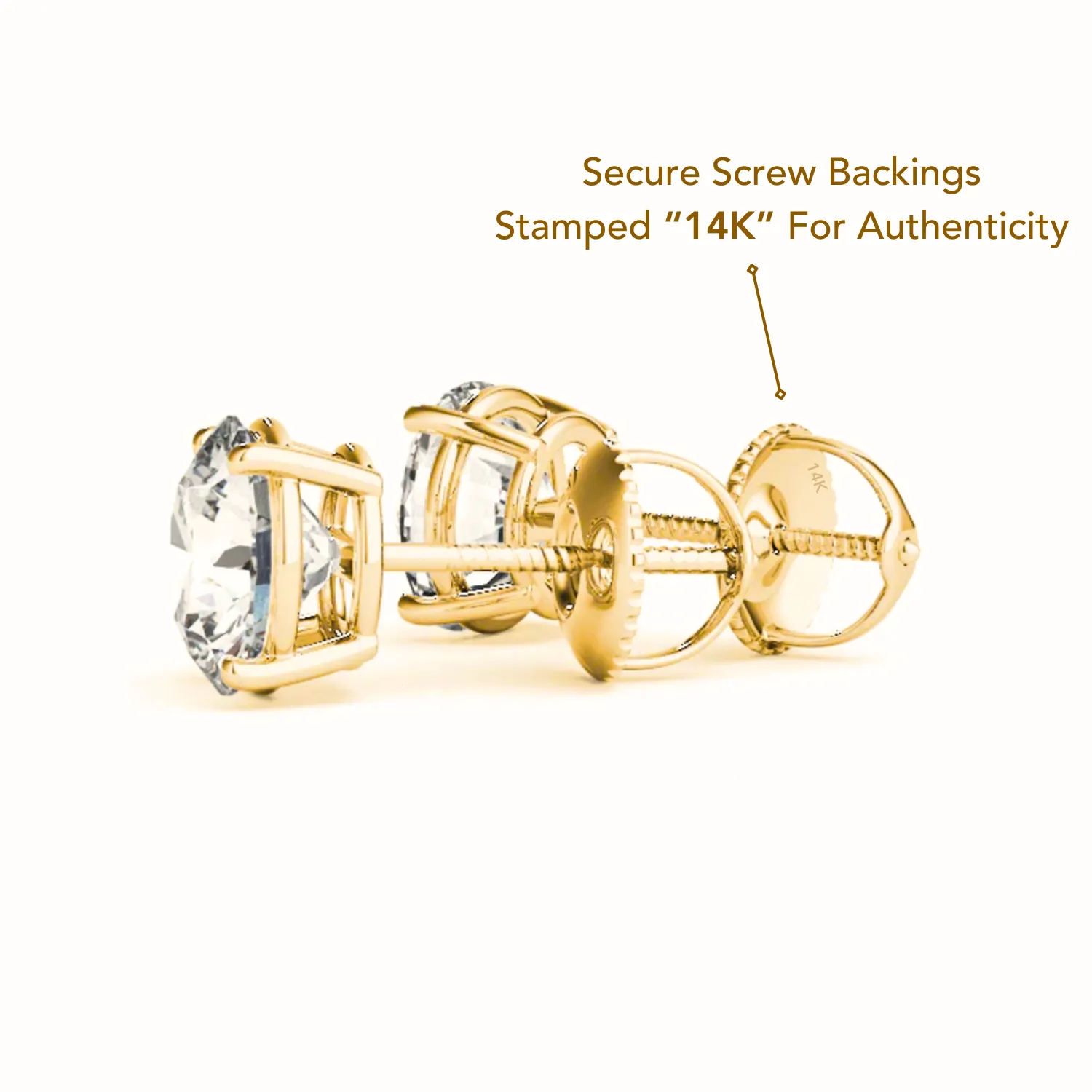 14K Gold Lab Diamond Stud Earrings, CVD Brilliant Solitaire Round Diamond Studs, 1.50 Carat Diamond Studs With Screw Backs