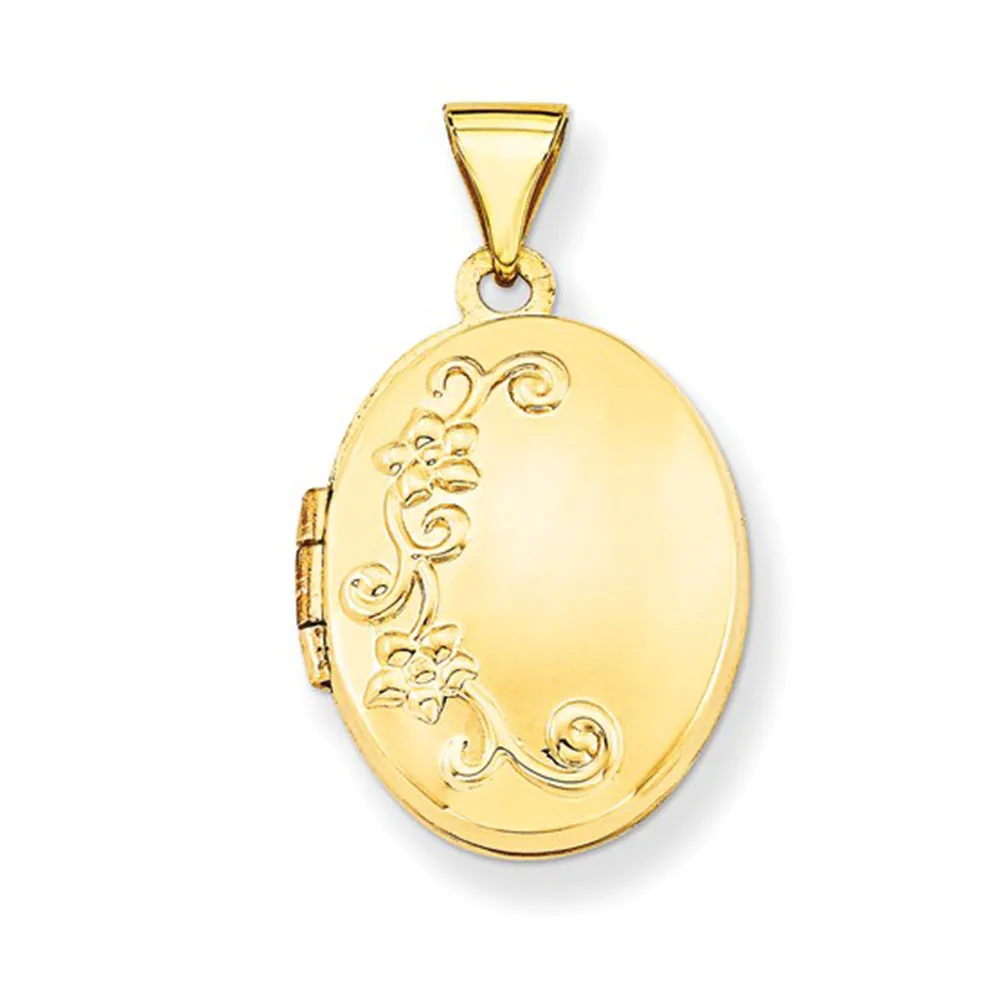 14K Yellow Gold Floral Oval Locket Pendant, 19mm x 17mm