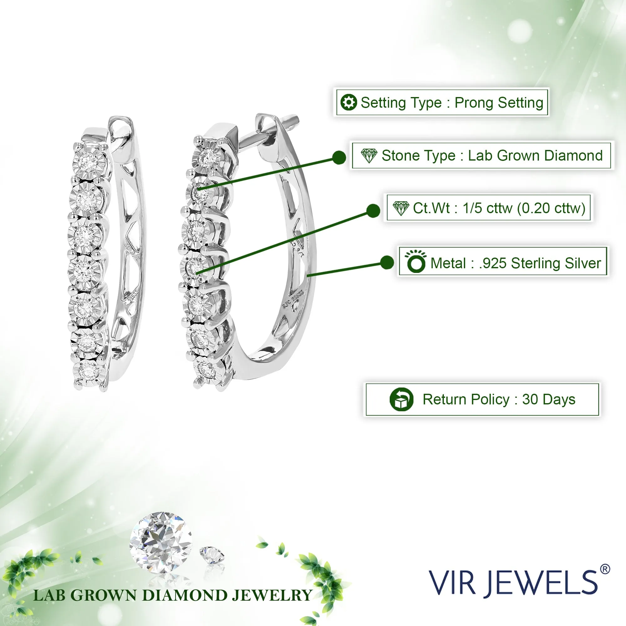 1/5 cttw Lab Grown Round Diamond Huggies Earring Sterling Silver