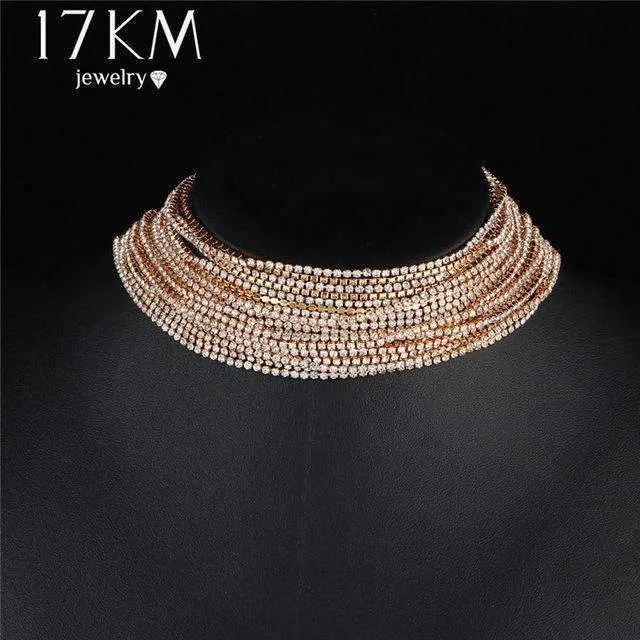 17KM Multiple layers Rhinestone Crystal Choker Necklace for Women New Bijoux Maxi Statement Necklaces Collier Fashion Jewelry