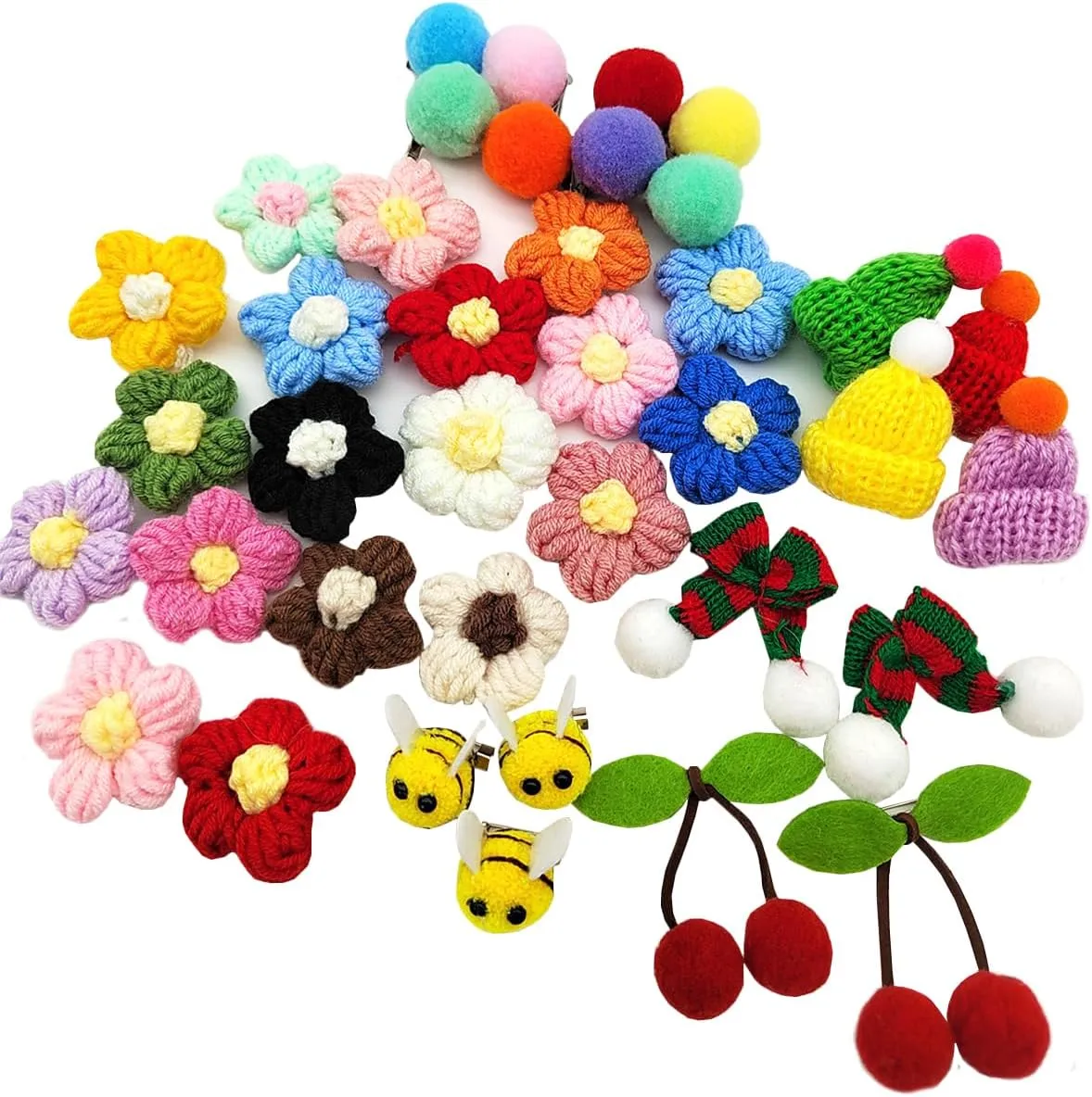 60Pcs Plush Brooch Bulk,Cute Backpack Pins,Plush Flower Honeybee Cherry Bow Brooch Pins for Kids Girls Bags Clothes Skirt