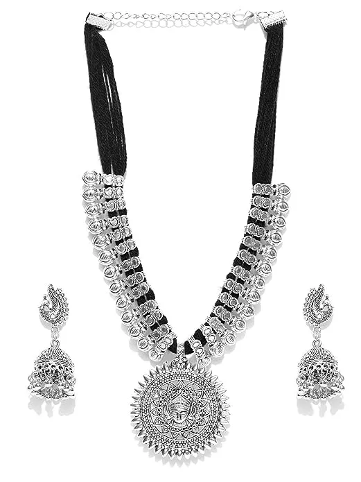 Antique German Silver Oxidised Plated Tribal Cotton Thread Jewellery Necklace Earring Set