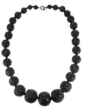 Antique Jet Chunky Carved Graduated Round Beaded Necklace