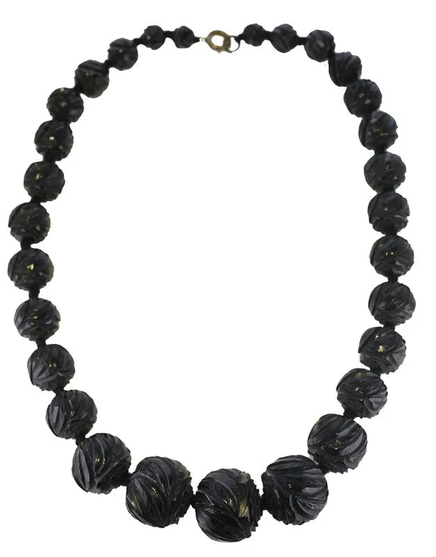 Antique Jet Chunky Carved Graduated Round Beaded Necklace
