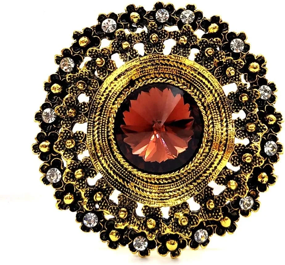 Antique Style Large Glass Stone Round Sash Brooch Pin Art Nouveau Jewelry