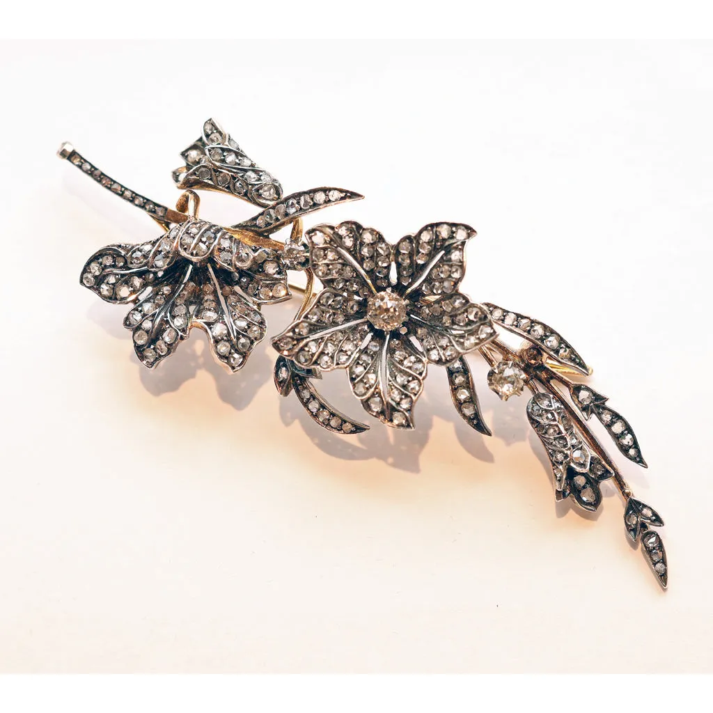 Antique Victorian brooch Diamonds gold silver flowers sculptural unisex (7512)