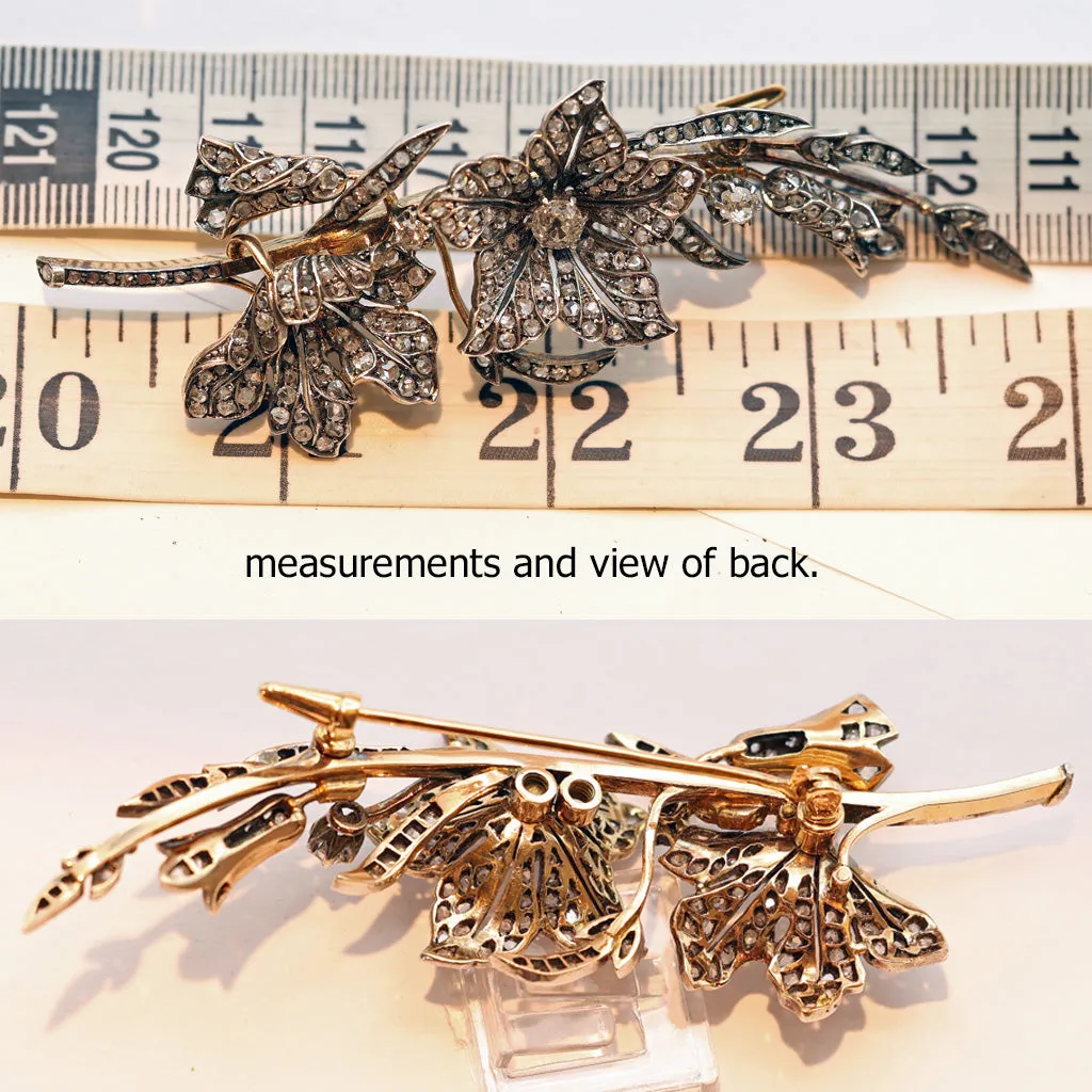Antique Victorian brooch Diamonds gold silver flowers sculptural unisex (7512)