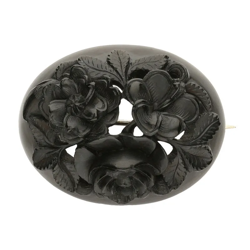 Antique Whitby Jet Carved Oval Flower Brooch