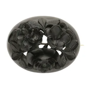 Antique Whitby Jet Carved Oval Flower Brooch
