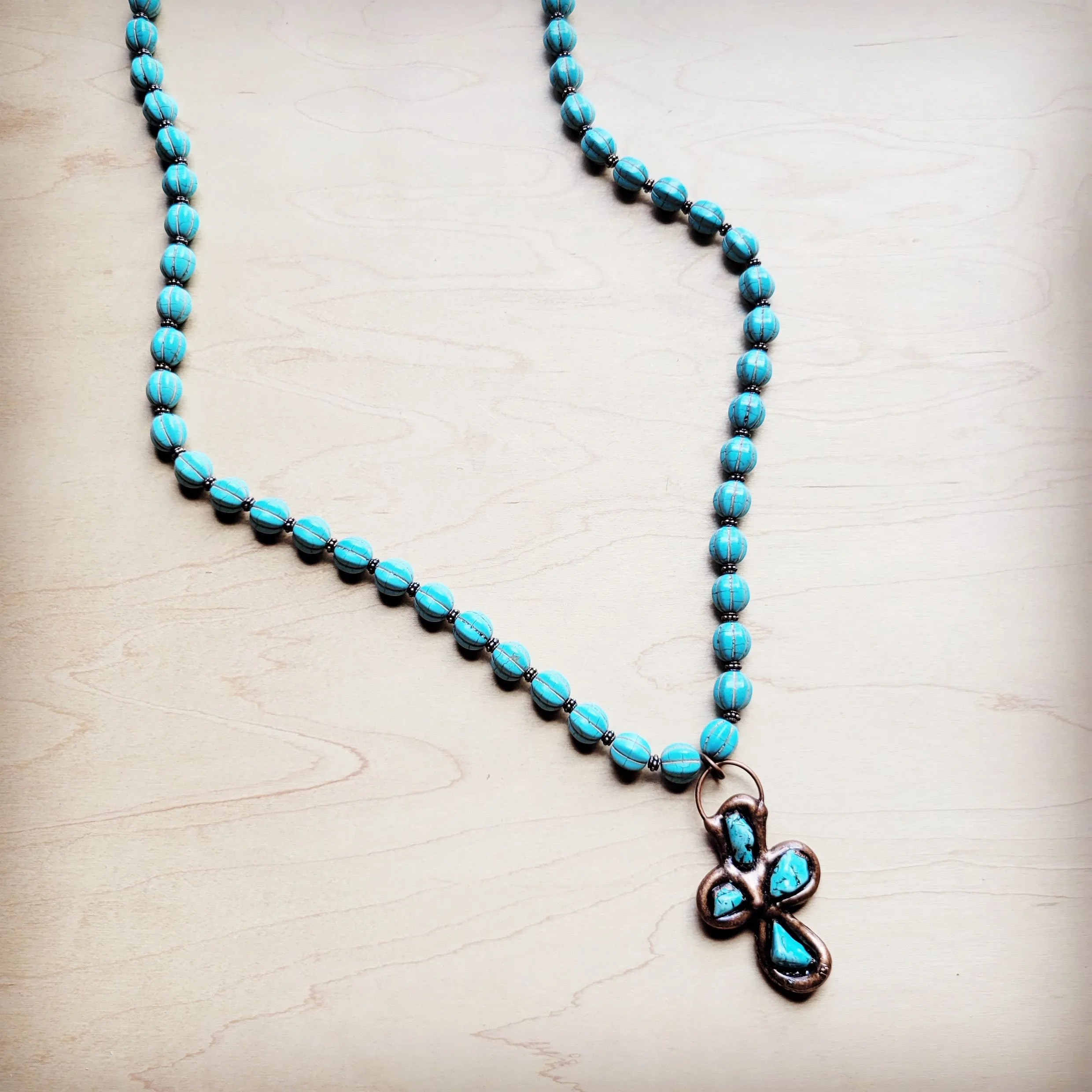 Blue Turquoise Melon Beaded Necklace w/ Copper Cross 260g