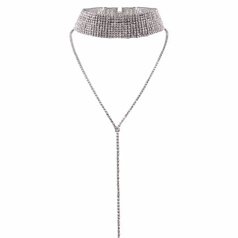 Bundle Neck Full Rhinestone Choker Luxury Crystal Gem Necklace Glitter Collar Fashion Long Chain Jewelry Salon For Party