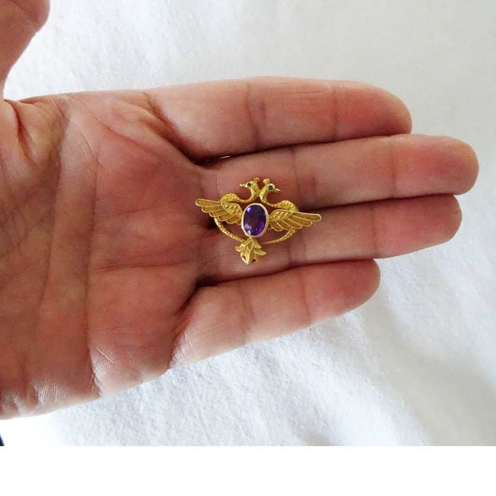 Carter, Gough & Co Antique Nouveau Brooch Pendant Gold Amethyst Peacocks (6511)