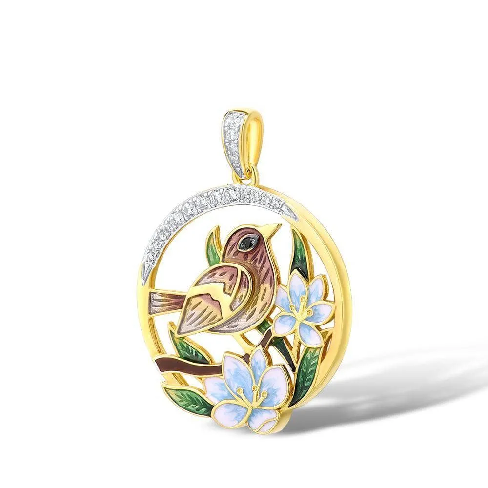 Delicate Enamel Sparrow & Flower Pendant