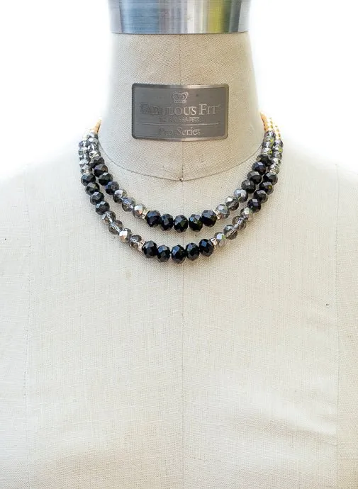 Double Layer Gold Antique Silver Black Bead Necklace