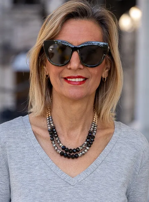 Double Layer Gold Antique Silver Black Bead Necklace