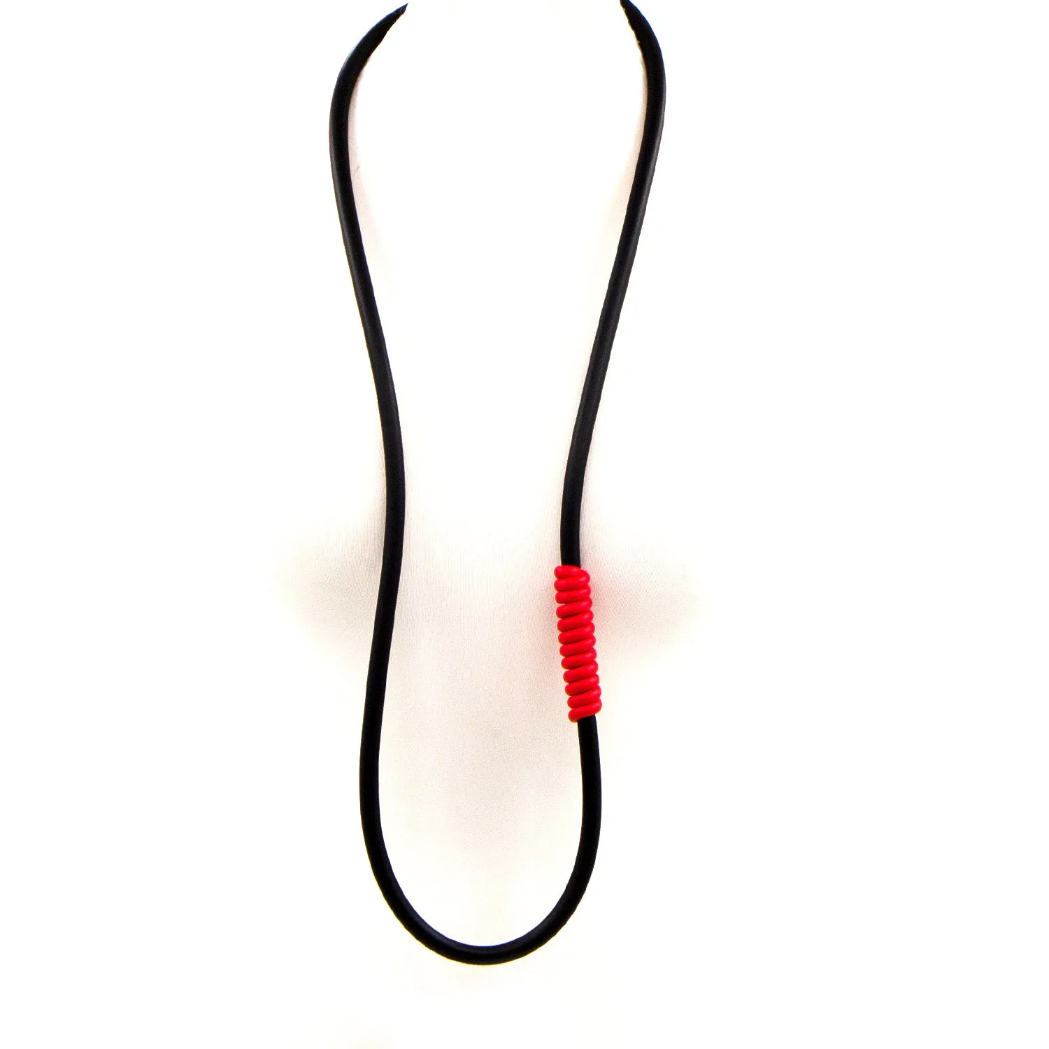 Double wear long or short simple neoprene necklace with red accent wrap section