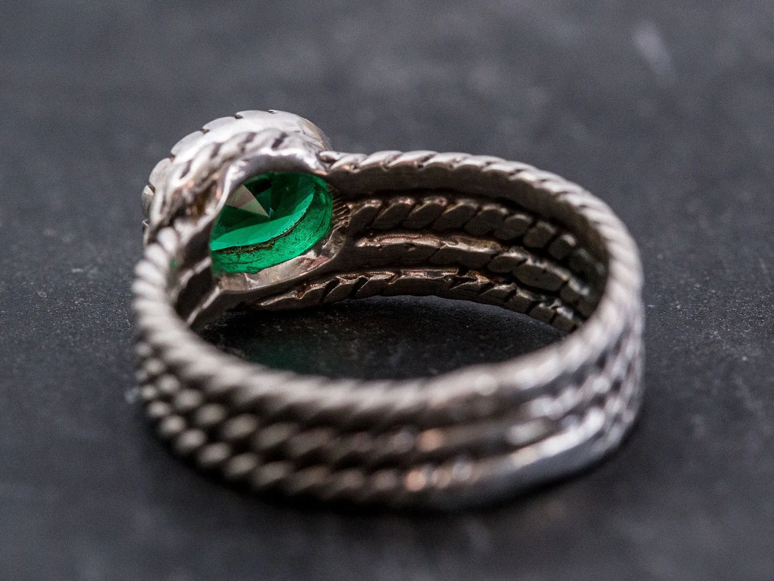 Emerald Solitaire Ring - Twisted Silver Band - Emerald Wide Ring