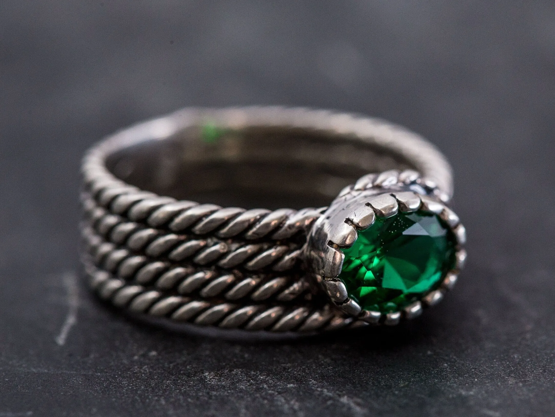 Emerald Solitaire Ring - Twisted Silver Band - Emerald Wide Ring