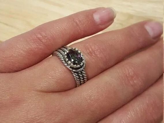 Emerald Solitaire Ring - Twisted Silver Band - Emerald Wide Ring