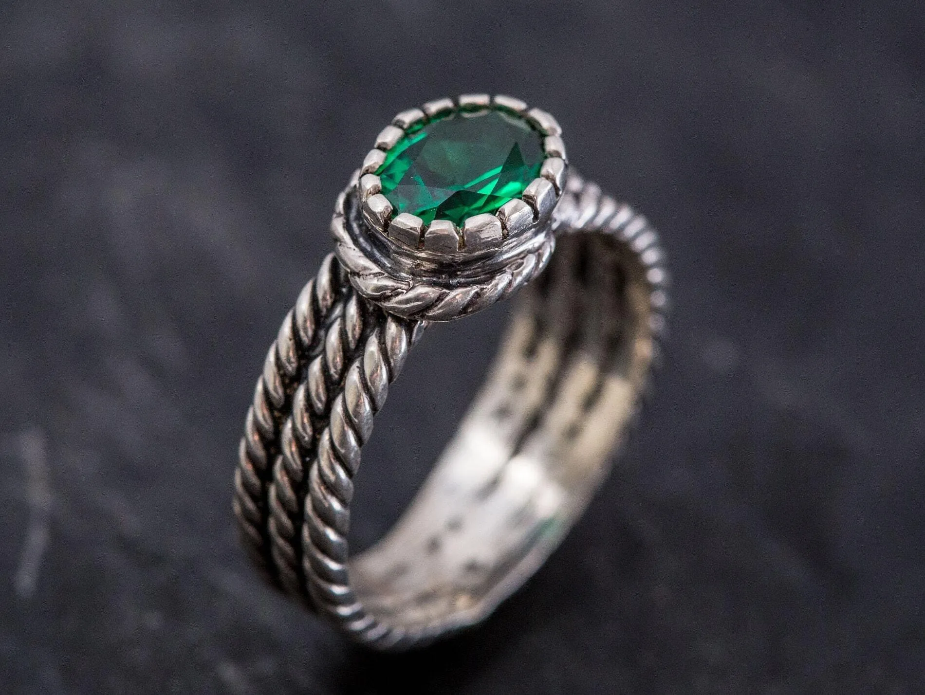 Emerald Solitaire Ring - Twisted Silver Band - Emerald Wide Ring