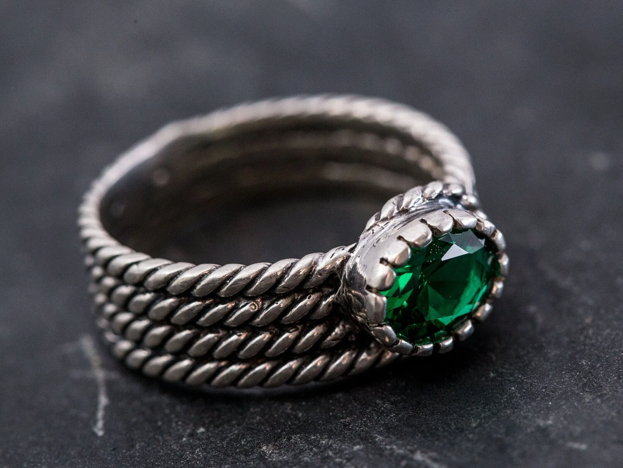 Emerald Solitaire Ring - Twisted Silver Band - Emerald Wide Ring