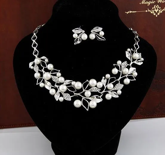 Fashion Simulated Pearl Jewelry Sets Statement Necklaces Earrings for Women Crystal Leaf Collares Wedding Accessories
