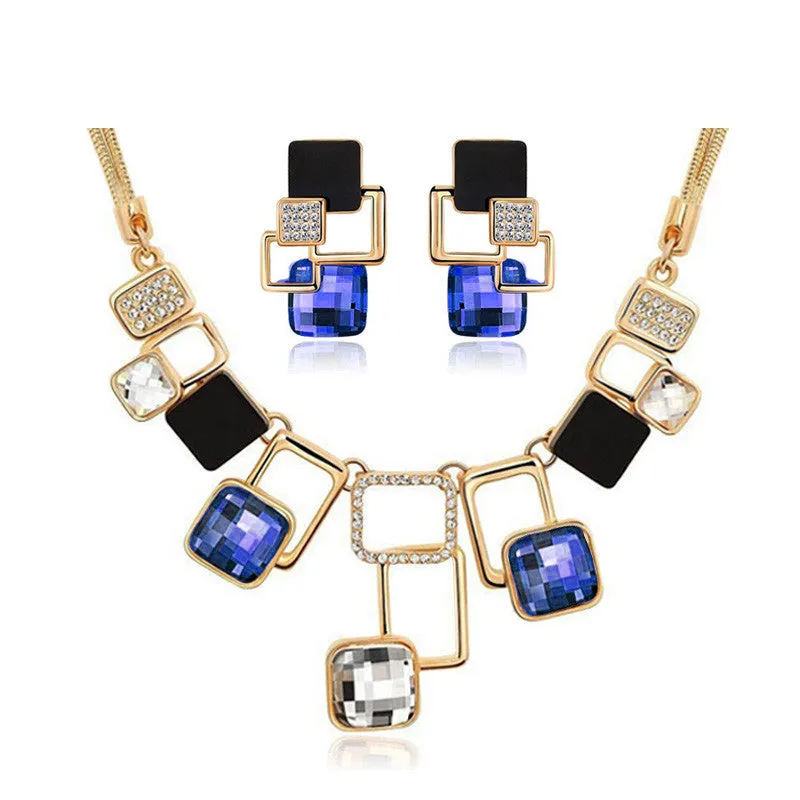 Fine Jewelry sets New Fashion Gold Plated Filled Rhinestone Crystal Acrylic Geometric Necklace Earring Jewellery Set For Women