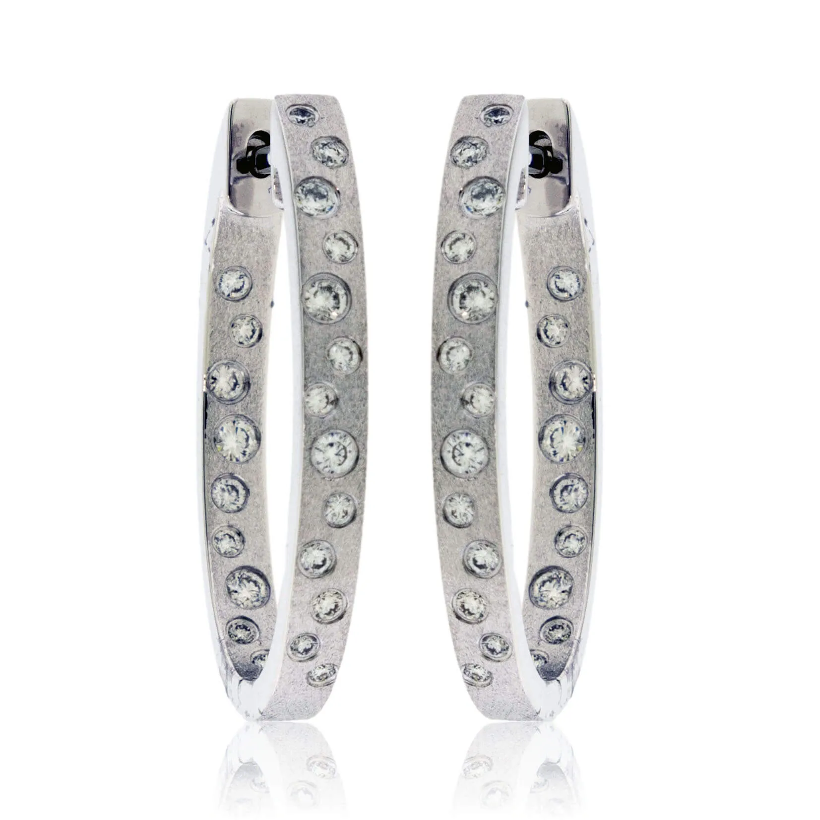Gold Satin Finish Flush Set Diamond Oval Hoop Earrings