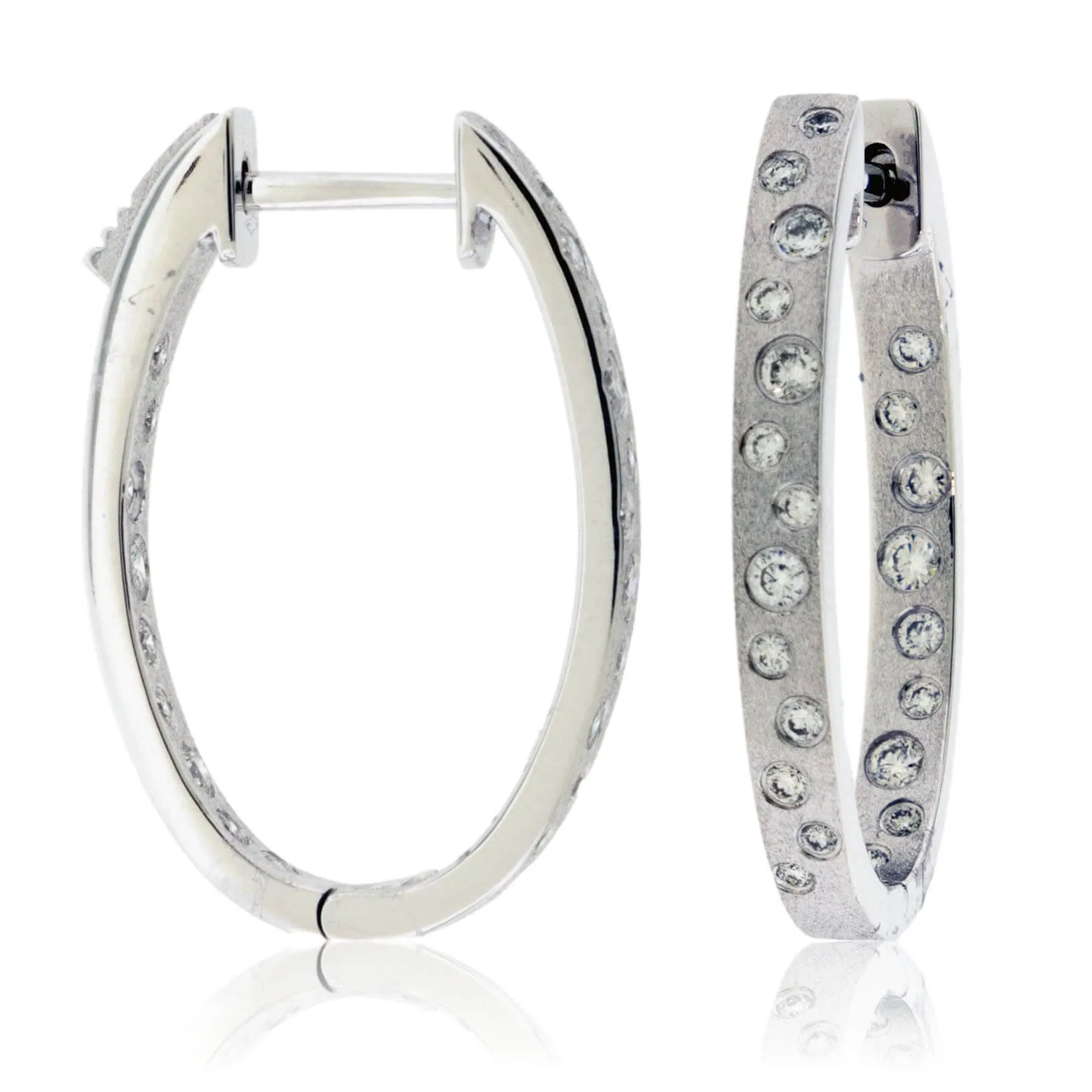 Gold Satin Finish Flush Set Diamond Oval Hoop Earrings
