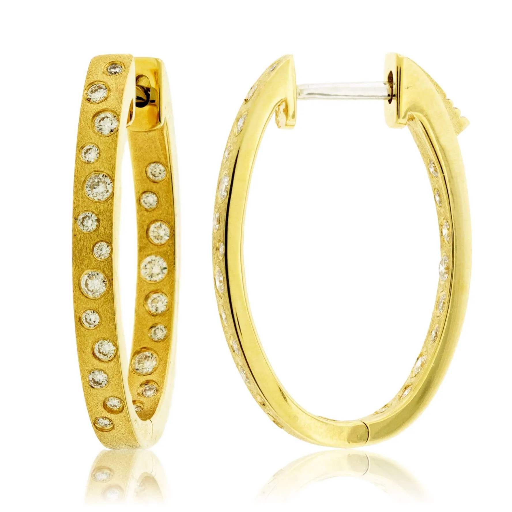 Gold Satin Finish Flush Set Diamond Oval Hoop Earrings