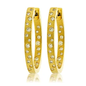 Gold Satin Finish Flush Set Diamond Oval Hoop Earrings