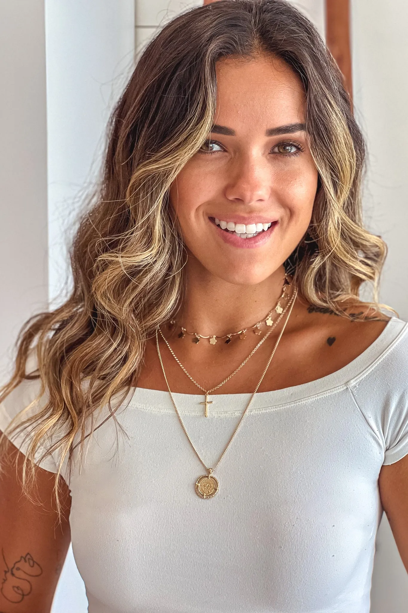Gold Three Row Necklace with Pendants