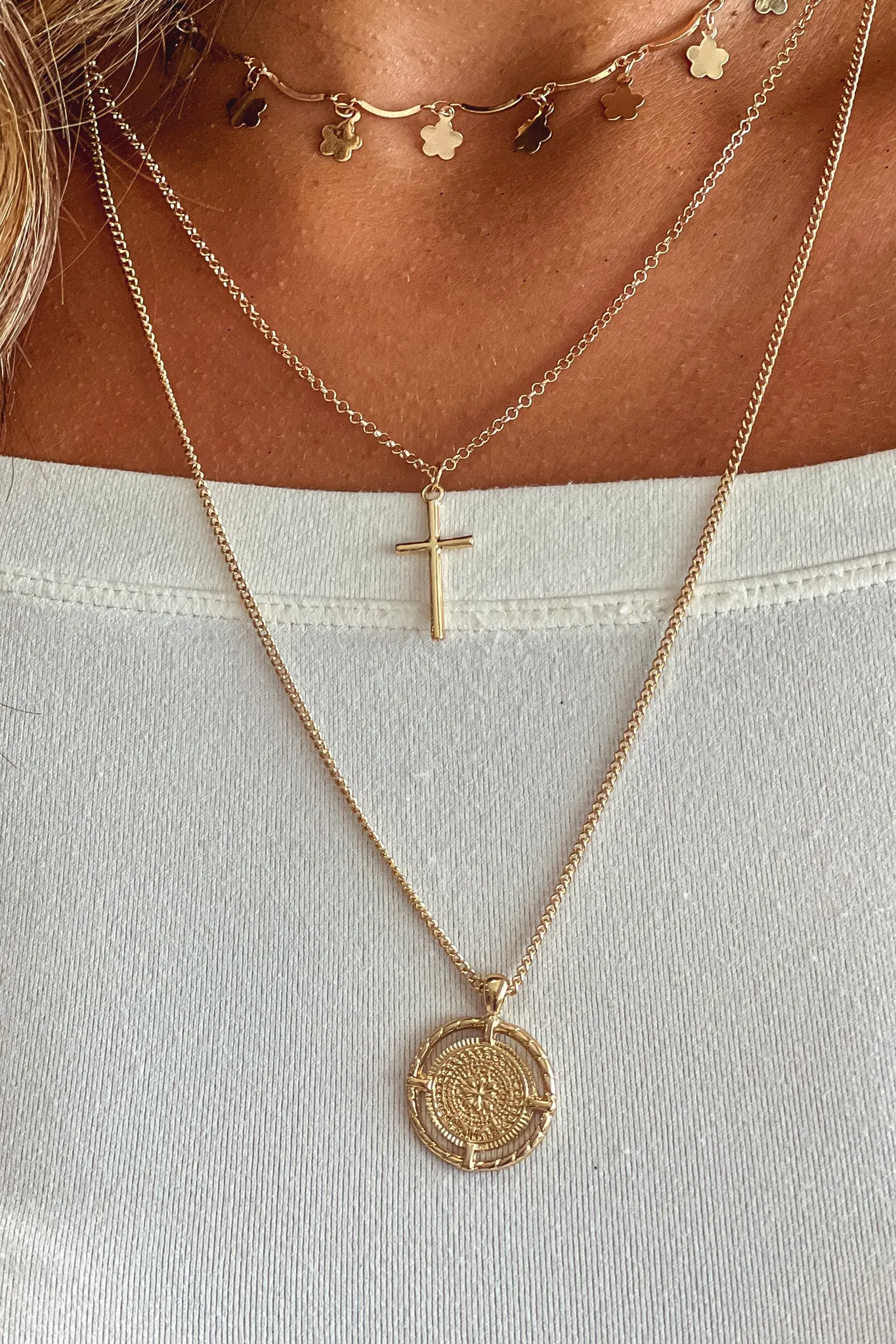 Gold Three Row Necklace with Pendants