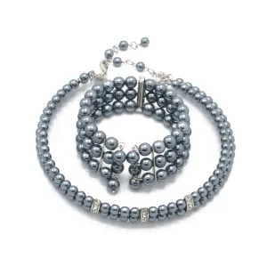 GREY PEARL CRYSTAL CHOKER NECKLACE AND BRACELET SET #FW-SS22267NB18 (SHAC9)