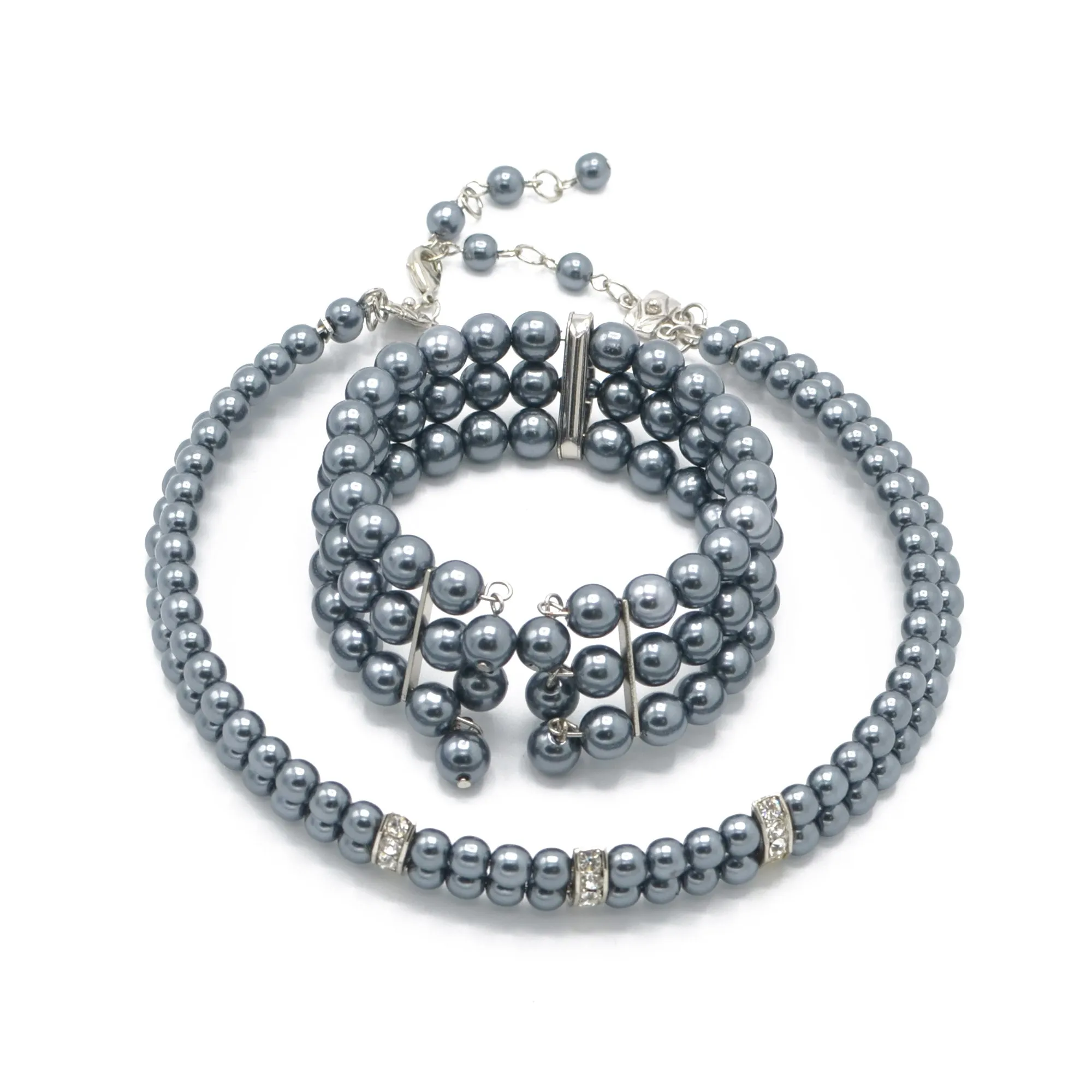 GREY PEARL CRYSTAL CHOKER NECKLACE AND BRACELET SET #FW-SS22267NB18 (SHAC9)