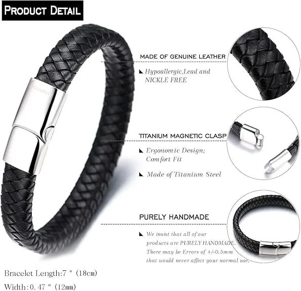HALUKAKAH Kids Jewelry, Solo Junior,  Leather Bracelet in Classic ,for 6 to 15-Year-Olds Titanium Magnetic Clasp, Size 7 0.7"(18 1.5cm),with Giftbox