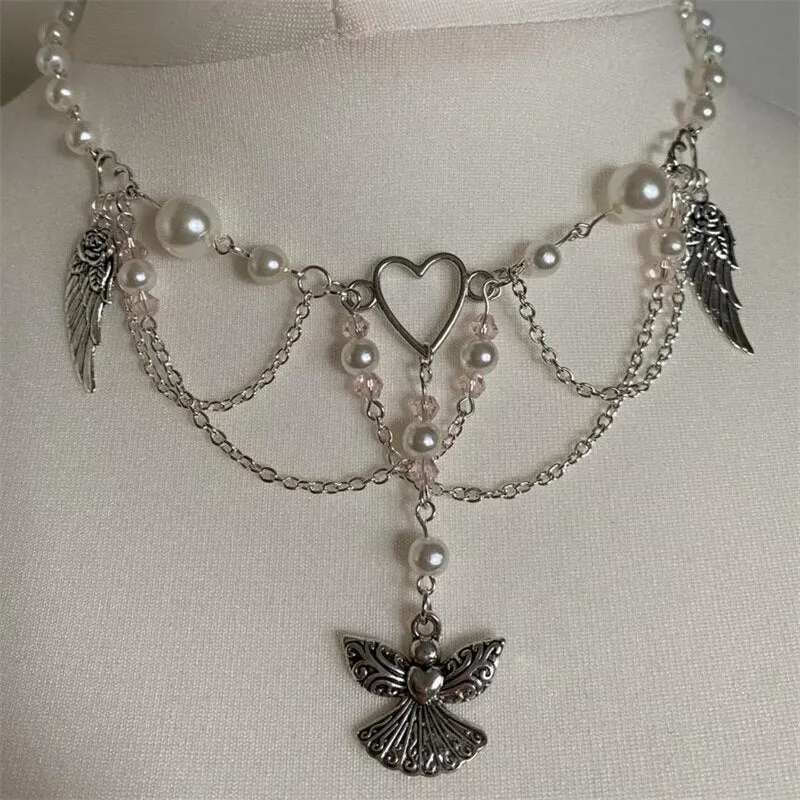 Handmade Fairycore Pearl Crystal RosaryNecklace