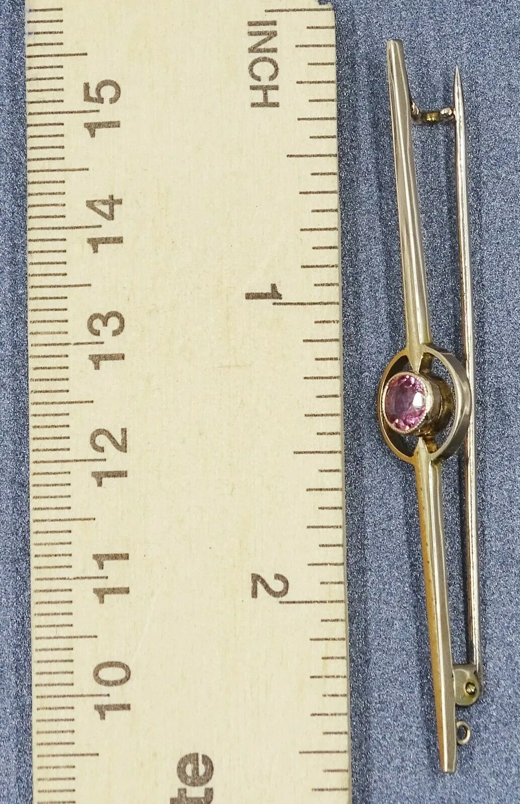 Handmade Pink Tourmaline 15ct Yellow Gold Bar Brooch