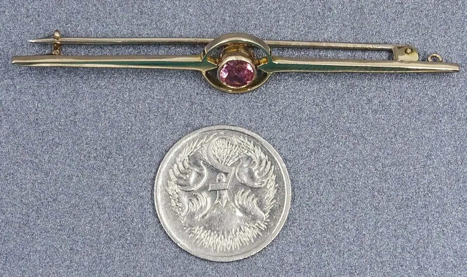 Handmade Pink Tourmaline 15ct Yellow Gold Bar Brooch
