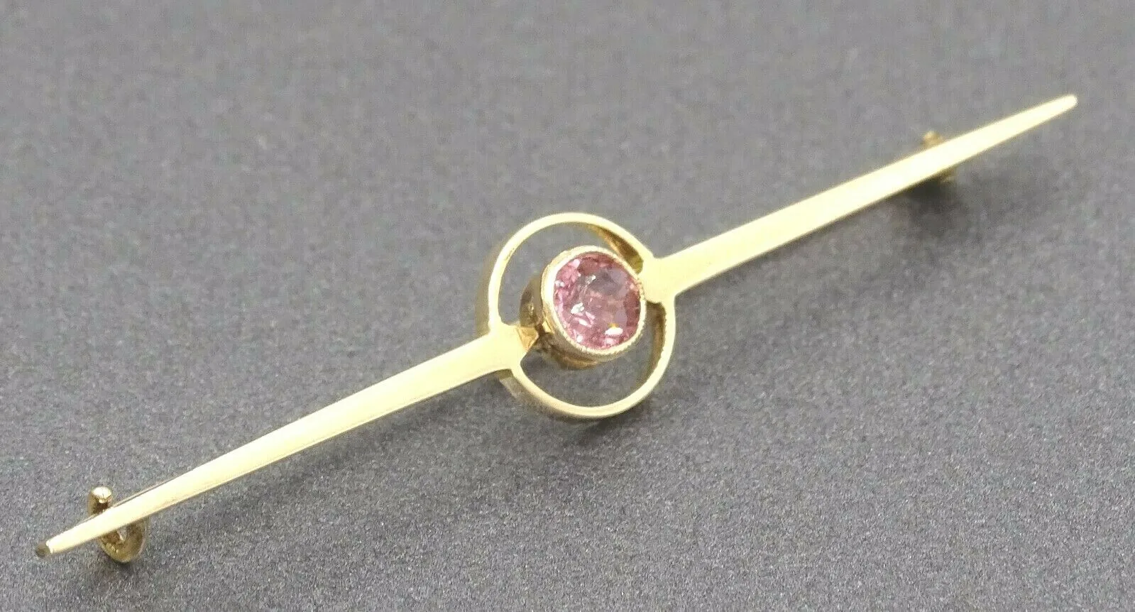 Handmade Pink Tourmaline 15ct Yellow Gold Bar Brooch