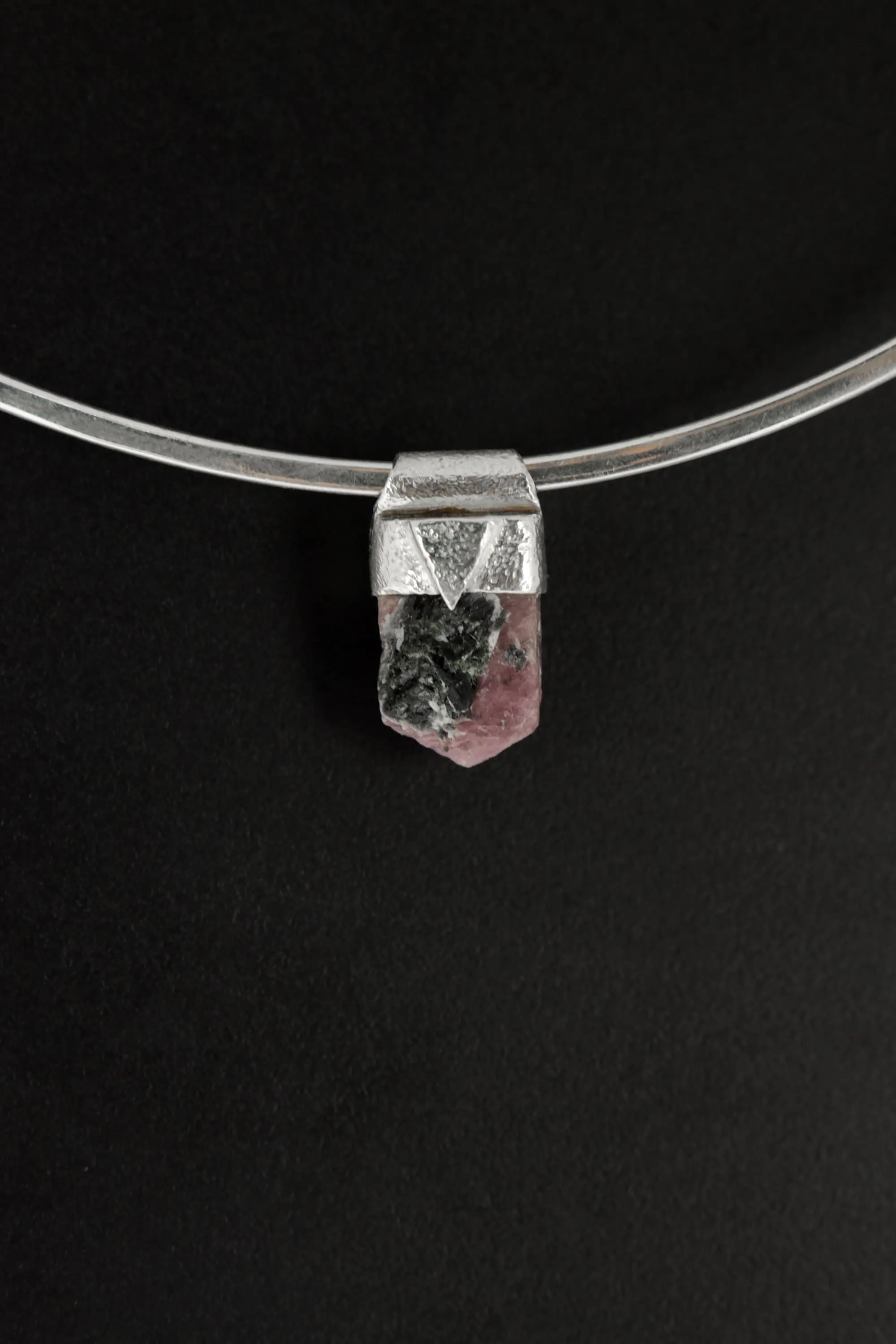 Hexagonal Raw Gem Ruby with Black Mica Stack Pendant, Organic Textured Sterling Silver, Root Chakra, Scorpio Zodiac, Protection and Passion