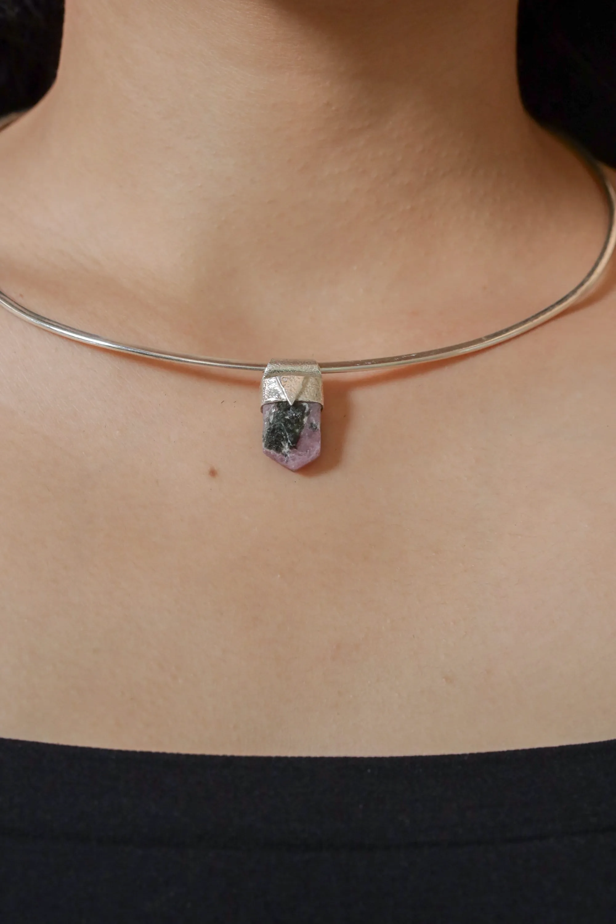 Hexagonal Raw Gem Ruby with Black Mica Stack Pendant, Organic Textured Sterling Silver, Root Chakra, Scorpio Zodiac, Protection and Passion