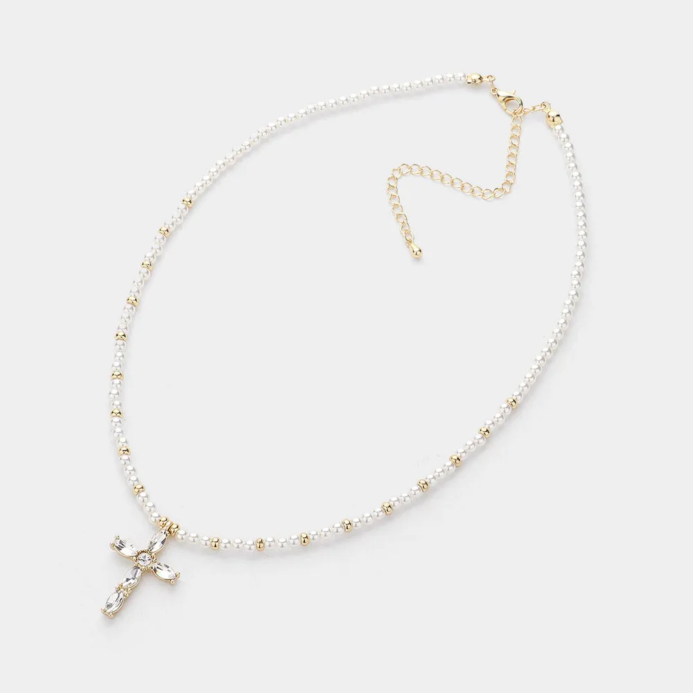 iLLASPARKZ Marquise Stone Cluster Cross Pendant Beaded Choker Necklace