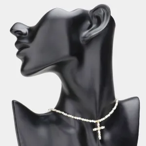 iLLASPARKZ Marquise Stone Cluster Cross Pendant Beaded Choker Necklace