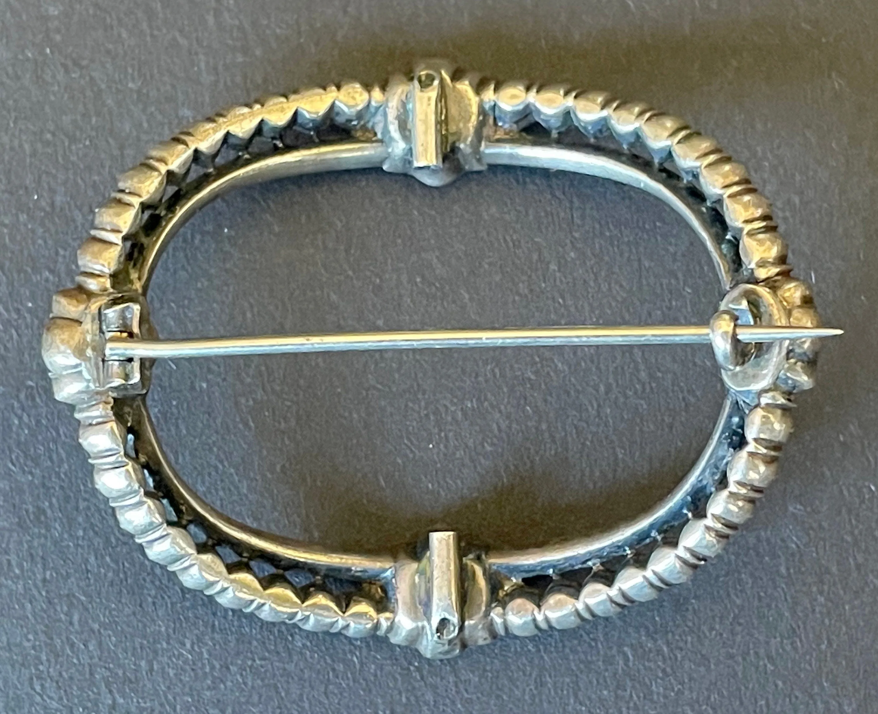 Large antique Georgian sterling silver, black dot clear paste huge buckle brooch pin