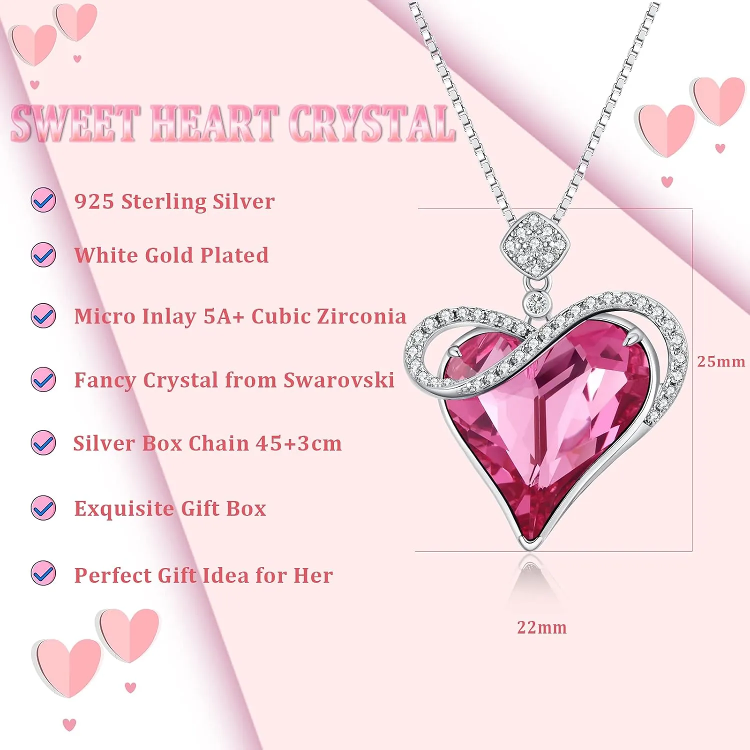 Luxury Love Heart Crystal Necklace Pendant for Women 925 Sterling Silver Necklace with Austria Crystal 18K White Gold Plated Crystal Jewelry 18 Inch