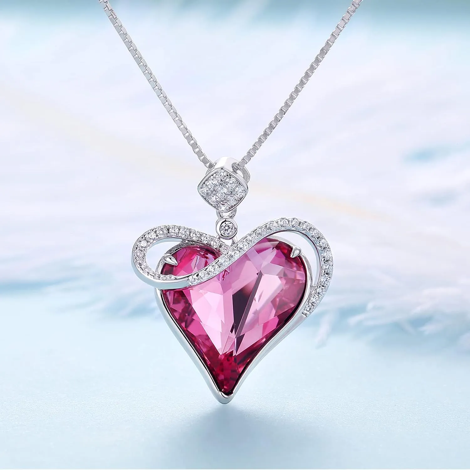 Luxury Love Heart Crystal Necklace Pendant for Women 925 Sterling Silver Necklace with Austria Crystal 18K White Gold Plated Crystal Jewelry 18 Inch