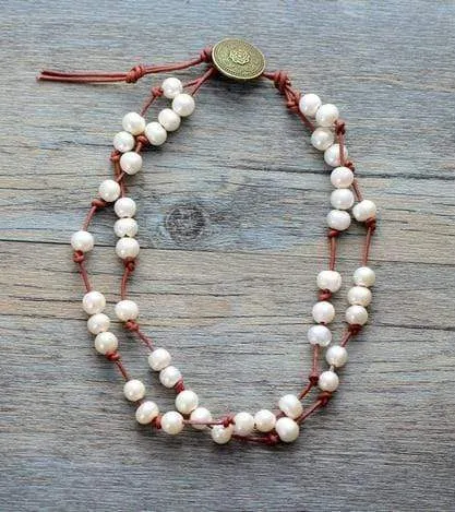 Natural Genuine Freshwater White Pearl Leather Wrap Bracelet